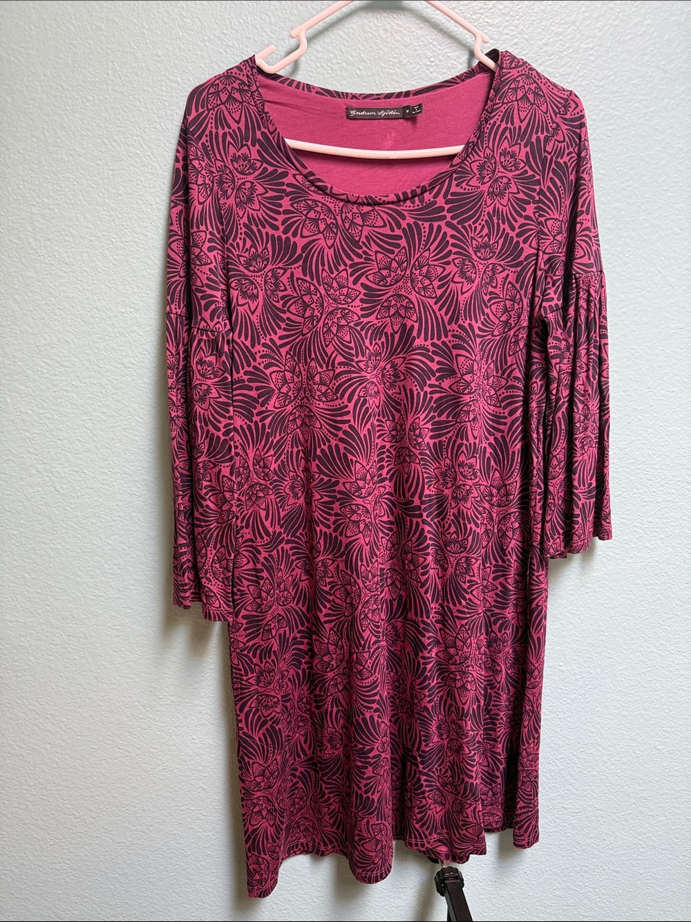 Gudrun Sjoden Medium Plum Black Print Floral Tunic 3/4 Bell Sleeves Stretchy